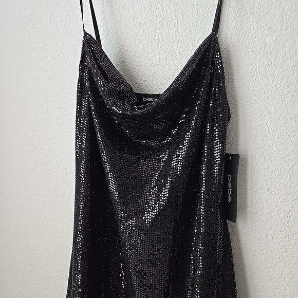 Bebe NWT Black Sequin Sparkling Gown Side Slit LARGE Prom Party New Years - Picture 3 of 9